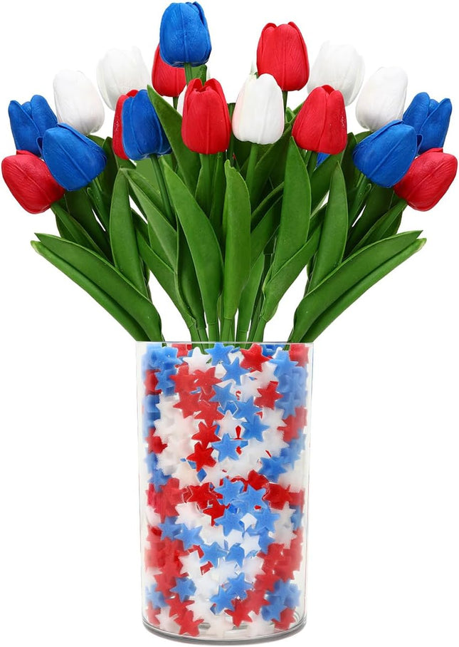 4th Of July Decorations, 12 Pcs Patriotic Artificial Tulips With 180 Pcs Red White Blue Sponge Stars Independence Day Vase Filler For Home Table Centerpiece Decor Clearance Sale