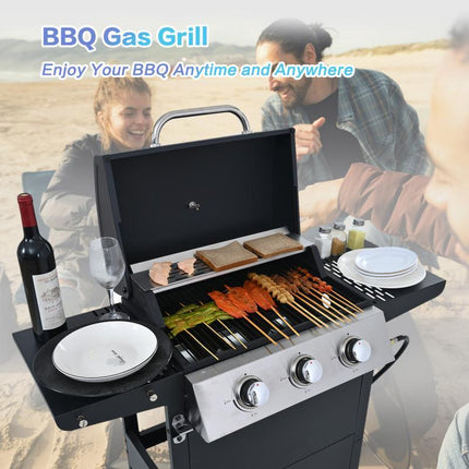 Propane Gas Three-burner Stainless Steel Grill With Double Shelves, Lid, Wheels And Bottle Opener