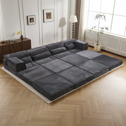 Compression Mahjong Sofa,Convertible Floor Sofa Bed,DIY Boneless Modular Sectional Sofa,No Assembly Required,Circle Fleece Fabric,Oversized 4 Seater With 2 Ottoman,Dark-grey