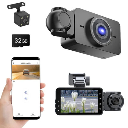 WiFi FHD 1080P 3 Channel Car Dash Cam Front Rear Inside With 32G MMC Card Motion Detection Loop Recording Infrared Night Vision Surveillance Car Camera With App Control
