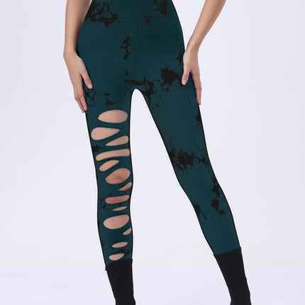 Butt Lifting Yoga Gym Athletic Pants, Hollow Out Tummy Control Sports Leggings Tie Dye Running Pants