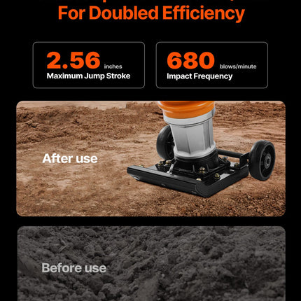 Jumping Jack Compactor, 6.5 HP Vibratory Rammer Fuel-Powered 196 Cc Engine Tamper, 3600 Lbs Impact Force, 26" Max Compaction Depth, For Soil, Gravel, Footings, Concrete Slabs, And Foundations