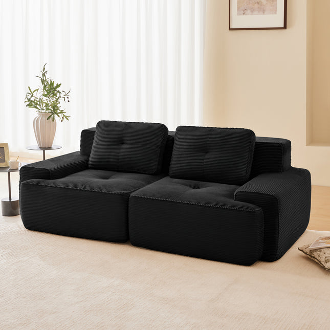 82 Modern L-Shaped Modular Sectional Sofa For Living Room, Corduroy Fabric, 2-Seater Couch With Deep Seat , Pearl-like Piping, Tufted Design, No Assembly, Anti-slip Design, Black