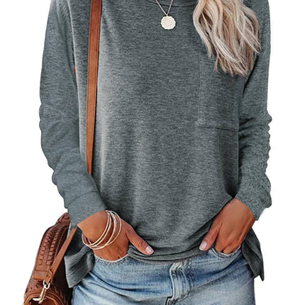 Pocket Split Long-sleeved Casual Bottoming T-shirt