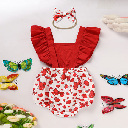 Baby Newborn Comfortable Romper, Sweet Heart & Bow Print Onesie With Ruffle Trim And Snap Closure