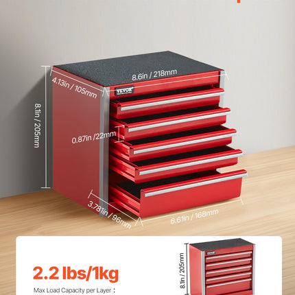 Metal Tool Box, 8.6-inch, Portable Metal Tool Box With 5 Drawers, Small Tool Chest With EVA Liners And PP Feet Pads, Heavy-Duty Steel With Ball Bearing Opening And Powder Coated Finish, Red