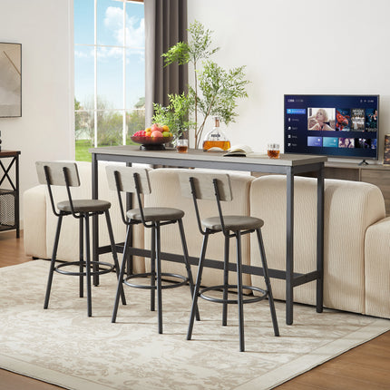 Long Bar Table Set With 3 PU Upholstered Bar Stools, Industrial Bar Table And Chairs For Kitchen Breakfast Table, Living Room, Banquet Hall, Rustic Gray And Black, 63inL X15.7 W X 37.5 H