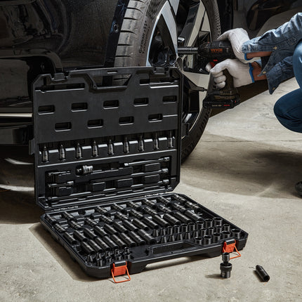 VEVOR Drive Impact Socket Set 6 Point Cr-Mo Alloy Steel For Auto Repair, Includes Extension Bars Universal Joint Adapter Lock Storage Case