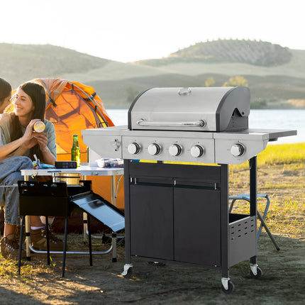 Propane Grill 4 Burner Barbecue Grill Stainless Steel Gas Grill With Side Burner, 46,500 BTU Outdoor Cooking, Patio, Garden Barbecue Grill, Black And Silver