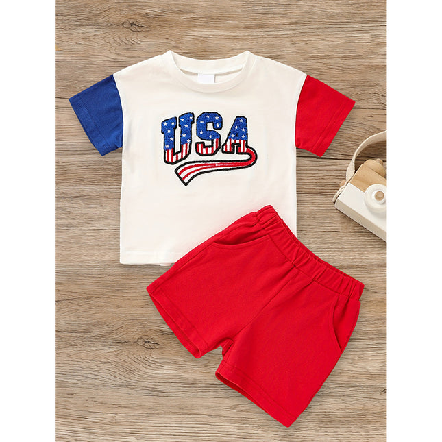 Infant Baby Boy 4th Of July Outfit Set USA Letter Print Color Block T-Shirt & Shorts For Independence Day Celebration