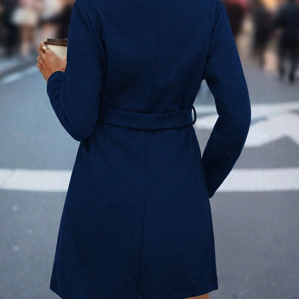 Ladies' Mid-length Solid Color Belt Coat, Casual Commuting Elegant Versatile Autumn And Winter Outerwear, Stand Collar Single-button Long Sleeve Coat.