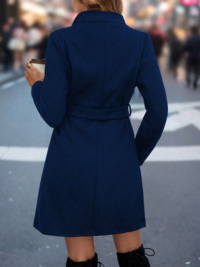 Ladies' Mid-length Solid Color Belt Coat, Casual Commuting Elegant Versatile Autumn And Winter Outerwear, Stand Collar Single-button Long Sleeve Coat.