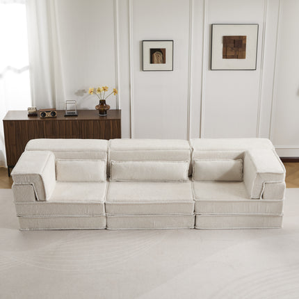 Compression Mahjong Sofa,Convertible Floor Sofa Bed,DIY Boneless Modular Sectional Sofa,No Assembly Required,Circle Fleece Fabric,Oversized 3 Seater With 3 Pillows,White
