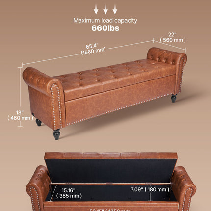 Button-Tufted Storage Ottoman Bench, Rolled Arm PU Leather Bench With Solid Wood Legs, Modern Shoe Benches Seat For Entryway, Upholstered End Of Bed Benches For Living Room, Dining Room, Brown