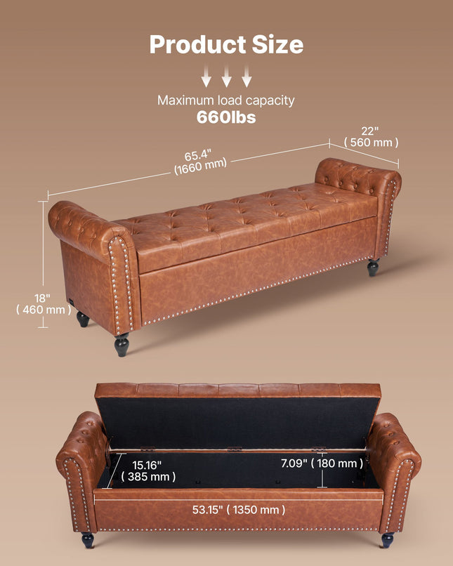 Button-Tufted Storage Ottoman Bench, Rolled Arm PU Leather Bench With Solid Wood Legs, Modern Shoe Benches Seat For Entryway, Upholstered End Of Bed Benches For Living Room, Dining Room, Brown