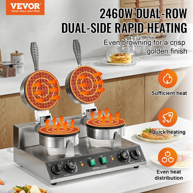 Commercial Waffle Maker Dual-Head Round Waffle Iron 2460W Non-Stick