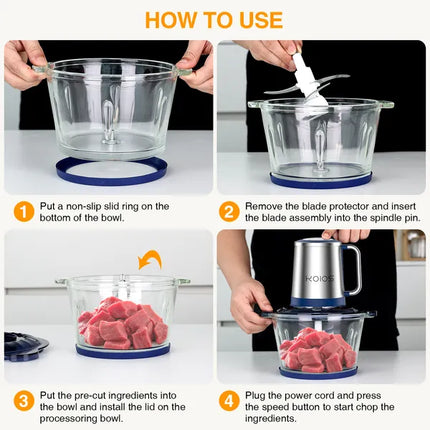 KOIOS Electric Food Chopper Processor Vegetables Meat Grinder Mixer 2L Glass Clear Bowl