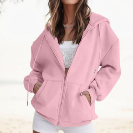 Women's Fashion Casual Solid Color Drawstring Zipper Hooded Sweatshirt