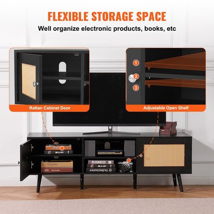 Rattan TV Stand For 65 Inch TV, Boho TV Stand With Rattan Door, Entertainment Center With Build-in Socket And USB Ports, Modern TV Console For Living Room, Media Room, Black
