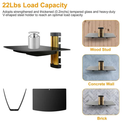 Floating Wall Mounted Strengthened Tempered Glass Shelf For DVD Cable Boxes