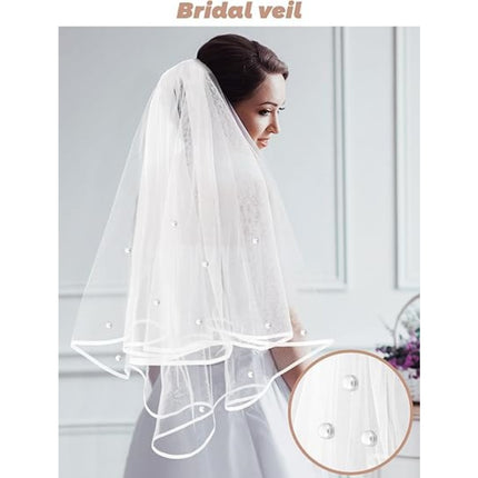 Bridal Veil Wedding Veil Weights Short 2 Tier Veil And 12 Pairs Veil Weights Magnetic Double Sided Artificial Pearls Silver Button For Bachelorette Party Bridal Shower Veil First Communion-Clearance