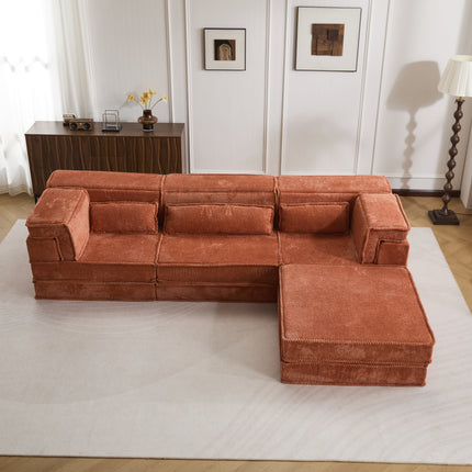 Compression Mahjong Sofa,Convertible Floor Sofa Bed,DIY Boneless Modular Sectional Sofa,No Assembly Required,Circle Fleece Fabric,Oversized 3 Seater With 1 Ottoman,Orange
