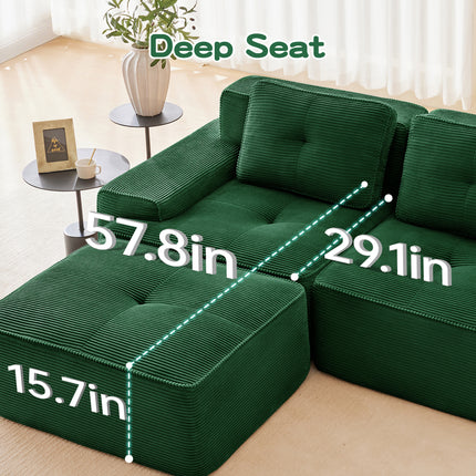 82 Modern L-Shaped Modular Sectional Sofa For Living Room, Corduroy Fabric, 2-Seater Couch With Deep Seat , Pearl-like Piping, Tufted Design, No Assembly, Anti-slip Design,Green