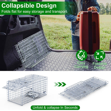 2Pcs 18x8x10In Humane Single Door Live Animal Trap Collapsible Galvanized Iron Animal Cage Catch And Release For Small Squirrel Raccoon Feral Cat Weasel Armadillo Opossum