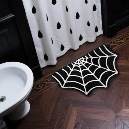 15.7 X 23.6 Inch Halloween Decor Spider Web Bath Mat For Bathroom, Gothic Cute Halloween Decoration Black White Half Circle Bath Mat Non Slip Cashmere Bath Rug Bathroom Mat Plush Shower Rugs
