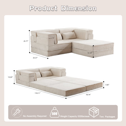 Compression Mahjong Sofa,Convertible Floor Sofa Bed,DIY Boneless Modular Sectional Sofa,No Assembly Required,Circle Fleece Fabric,Oversized 2 Seater With 1 Ottoman,White