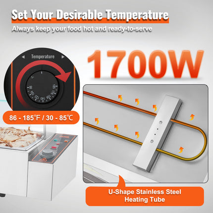 Commercial Electric Food Warmer Countertop Buffet 5*8Qt With Glass Shield