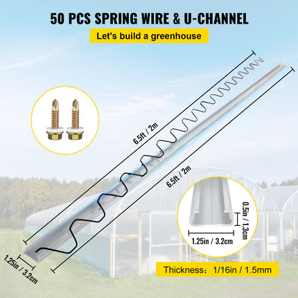 Spring Wire And Lock Channel, 6.56ft Spring Lock & U-Channel Bundle For Greenhouse, 50 Packs PE Coated Spring Wire & Aluminum Alloy Channel, Plastic Poly Film Or Shade Cloth Attachment W/Screws