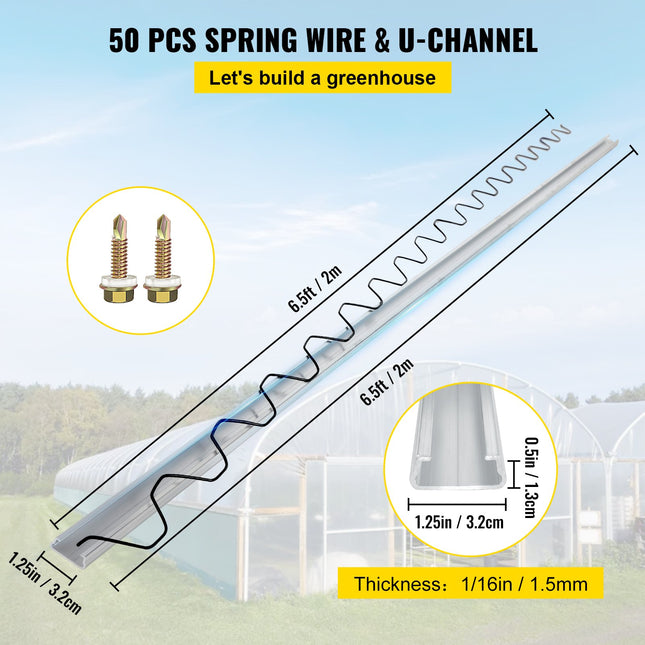 Spring Wire And Lock Channel, 6.56ft Spring Lock & U-Channel Bundle For Greenhouse, 50 Packs PE Coated Spring Wire & Aluminum Alloy Channel, Plastic Poly Film Or Shade Cloth Attachment W/Screws