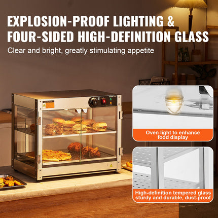 2-Tier Commercial Food Warmer Display Countertop Pizza Cabinet With Light