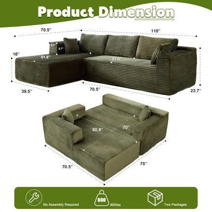 Compression Sectional Couch With Comfy Chaise, Boneless L Shape Sofa With Deep Seat, Minimalist Modular Couches Sleeper For Living Room Bedroom Apartment Lounge,corduroy,Green