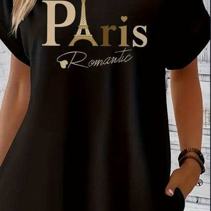 Midi Paris Print Crew Neck Tunic Dress - Geometric Pattern, Mid Elasticity, Semi-Sheer, Dual Pockets, Loose Fit, Machine Washable, Perfect For Spring, Summer, And Fall - Womens Casual Short Sleeve Pol