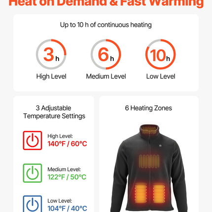 Heated Fleece Jacket For Men, Heated Sweatshirt With 7.4V 16000mAh Rechargeable Power Bank Pack, 6 Heating Zones, 3 Temp Levels, 3h/6h/10h Warmth, For Winter Outdoor Camping, Black, S Size