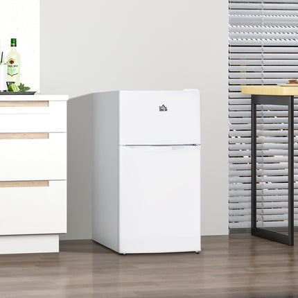 3.2 Cu.Ft Mini Fridge with Freezer, Double Door Compact Refrigerator with Adjustable Thermostat, Shelf and Reversible Door for Bedroom, Dorm, Home Office, Energy Efficient, White
