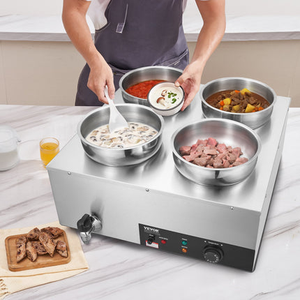 Electric Soup Warmer, Four 7.4QT Stainless Steel Round Pot 86~185°F Adjustable Temp, 1500W Commercial Bain Marie With Anti-dry Burn And Reset Button, Soup Station For Restaurant, Buffet, Silver
