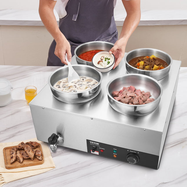 Electric Soup Warmer, Four 7.4QT Stainless Steel Round Pot 86~185°F Adjustable Temp, 1500W Commercial Bain Marie With Anti-dry Burn And Reset Button, Soup Station For Restaurant, Buffet, Silver