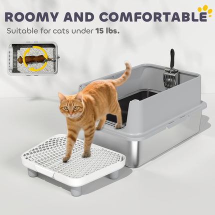 Extra Large Stainless Steel Cat Litter Box with Scoop & Pad, Anti-Urine Leakage, Easy Cleaning, Non-Sticky