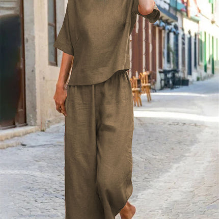 European And American Women's Linen Casual Loose Solid Color Suit Two-piece Women