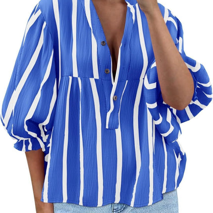 Women's Striped Shirt Puff Sleeve Loose Top