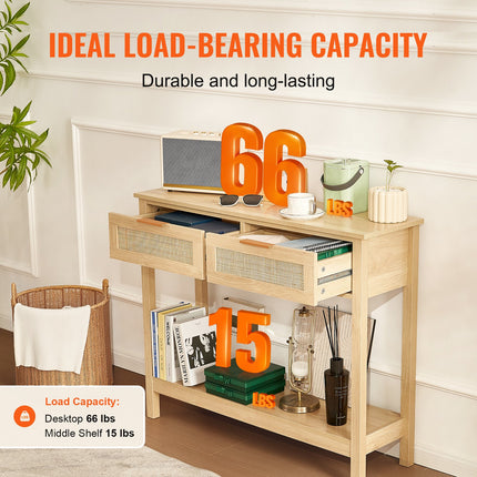 Rattan Console Table With 2 Storage Drawers, Rattan Entryway Table With Natural Rattan Sliding Door, Console Sofa Table For Living Room, Study, Entryway Or TV Wall, Natural